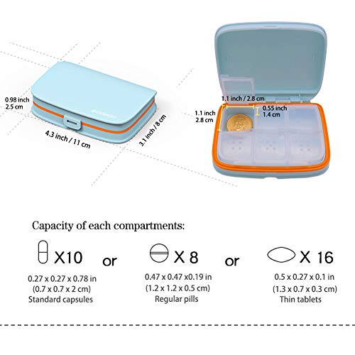 HRX Package Travel Pill Box Moisture Proof, Portable Purse Pill Case Holder Medicine Container with 6 Detachable Compartments