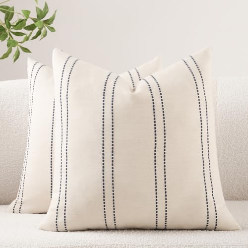 HOMFINER Decorative Throw Pillow Covers 18x18 Inch Set of 2 Linen Striped Accent Neutral Beige Farmhouse Boho Square Cushion Covers for Couch Sofa Bed Living Room Modern Home Decor, Navy Blue