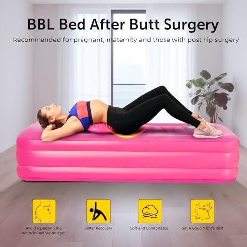 New Upgraded BBL Bed with Hole, Inflatable BBL Bed After Surgery, Brazilian Butt Lift Surgery Recovery Mattress with Carrying Bag & Air Pump,Waterproof Plant Velvet Touch Sleep-Pink (17.71 * 14.17In)