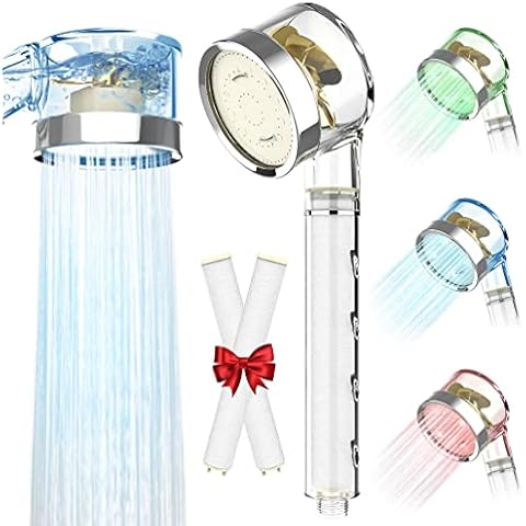 LED Shower Head, 3 Colour Modes, Hand Shower with Temperature Change, Propeller Shower Head, High Pressure, Water-Saving Hand Shower with 2 Interchangeable PP Cotton Filtration, Crystal Clear Cover
