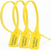 100pcs Plastic Security Tags Seals with Sawtooth Ties, Tamper Proof Numbered Square Writable Lable Pull Tight Zip Ties Disposable Self-Locking Shipping Seals Ties Yellow, 100pcs