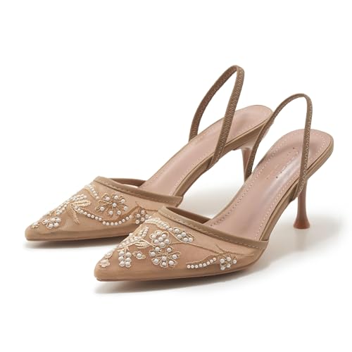 Image of Embroidered Mesh Slingback Heels for Women White Pearl Kitten Heel Pumps Pointed Toe Backless Wedding Shoes