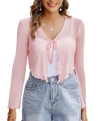 Image of Avidlove Womens Sheer Shrug Tie Front Long Bell Sleeve Mesh Bolero Lightweight Summer Casual Short Shawl Top