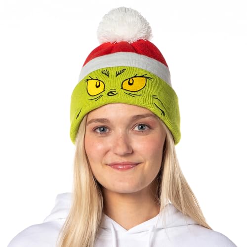 Dr. Seuss Grinch Gorro de malha adulto multicolorido com estampa de pompom bordado, Multicolorido.,