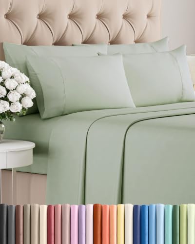 Image of Queen 6 Piece Bed Sheet Set - Breathable & Cooling Sheets - Eucalyptus