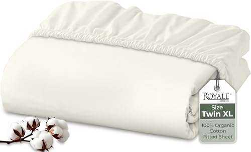 Image of Royale Linens 100% Organic Cotton Fitted Sheet - Percale Weave - Super Soft Deep Pocket Bottom Sheets - Ivory Elastic Sheet Twin XL Size - Twin XL Fitted Sheets Only - (39 inchx80 inch+15 inch, Ivory)