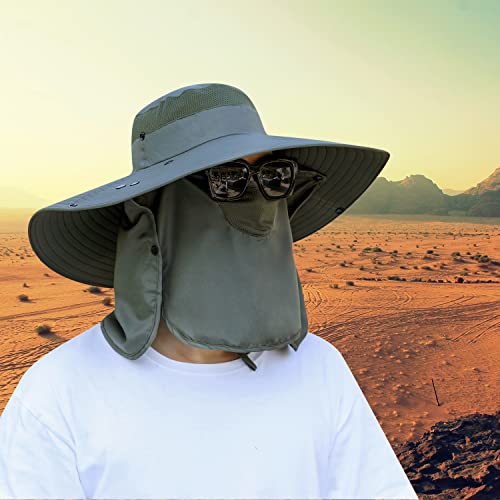 Image of Women Wide Brim Face Mask Sun Hat Detachable Neck Face Flap Ponytail UV Protection Visor Hat Garden Fishing Hiking