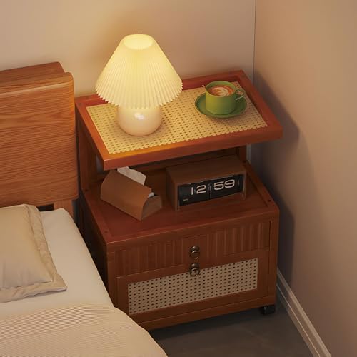 Small Night Stand for Small Spaces, Wooden Bedside Table with Drawers & 360° Rolling Shelf, Versatile End Table for Living Room, Bedroom, or Balcony Storage