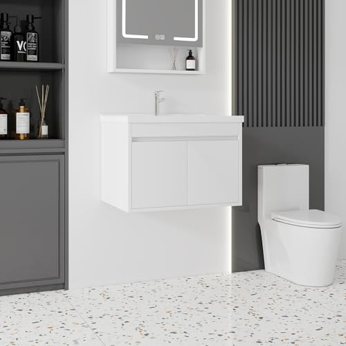 Albriya 28'' Bathroom Vanity with Ceramic Sink Combo, Wall Mounted Small Bathroom Vanity with Soft-Close Door Modern Floating Cabinet, Pop-up Drain, P-Trap Included, White(No Faucet)