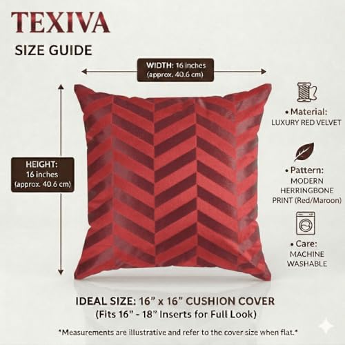 Image of TEXIVA Premium Velvet Cushion Covers Set of 5, 16x16 Inch Sofa Cushion Covers with Hidden Zipper, Modern Chevron Pattern - Red