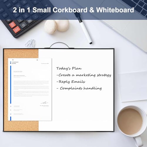 Image of Small Cork Board Whiteboard Combo - 12 inch X 16 inch Portable Aluminum Black Framed Magnetic Dry Erase Board for Wall, Mini Bulletin CorkBoard with a Handle for Office, Home and School