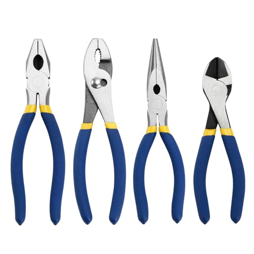 TMZDCJK 4 Piece Basic Pliers Set, 185 mm Side Cutter 205 mm Linesman, Long Nose Plier, Slip Joint Plier Multifunctional Tool Kit for Jewelry Making Household Repair (Blue)