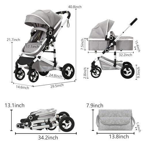 Kinder King 2 in 1 Convertible Baby Stroller, Folding High Landscape Infant Carriage, Newborn Reversible Pram, Adjustable Canopy, Diaper Bag, Anti-Shock Toddler Pushchair Stroller, Light Grey - Thumbnail 7