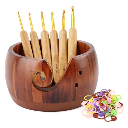 Image of Yarn Bowl Holder, Wooden Knitting Bowl with 6pcs Crochet Hooks, 50pcs Crochet Stitch Markers, Large Yarn Holder Dispenser for Mom & Knitting Lovers
