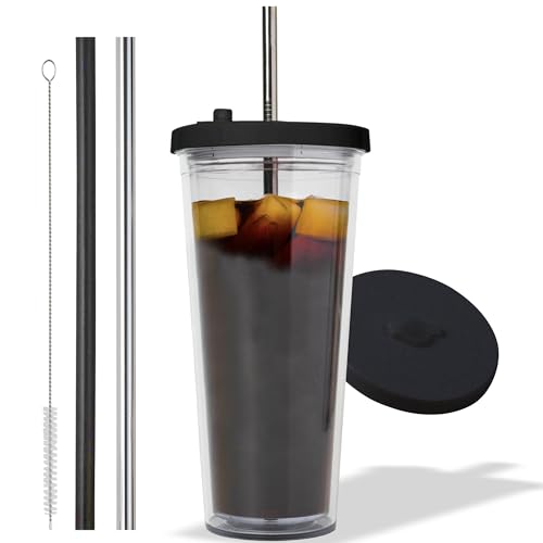 Kensal Home Reusable Iced Coffee Cup (24 Oz/Venti), Leak Proof and Double Wall Insulated Iced Coffee Tumbler, Come with Reusable Plastic and Metal Straws and Straw Cleaner - Black