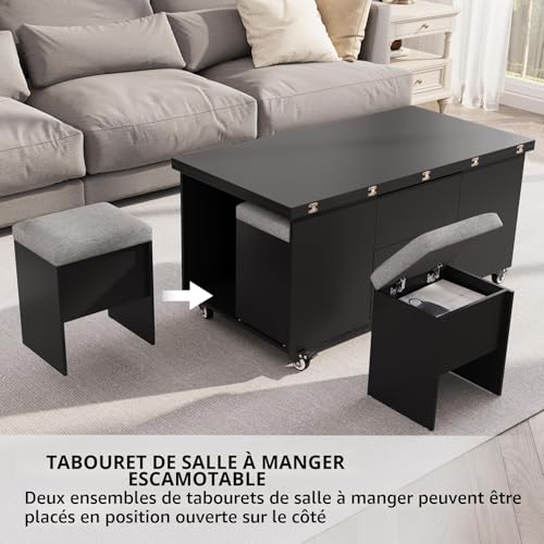 Table basse relevable multifonctionnelle noire avec 4 tabourets vowner - 7