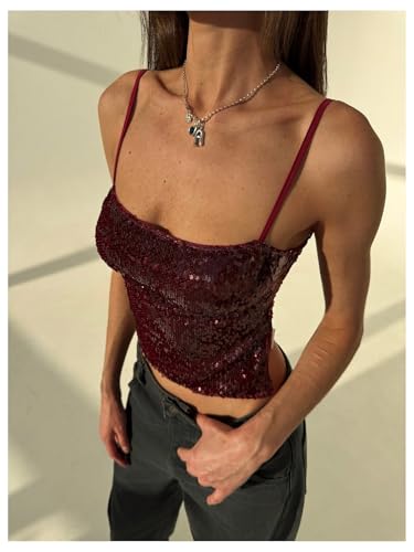 MakeMeChic Women's Y2K Sequin Tops Sparkly Beaded Top Glitter Concert Outfits Party Open Back Dressy Crop Tank Tops3