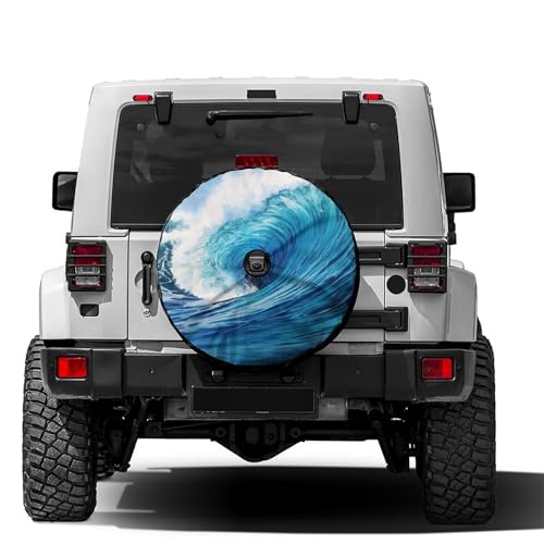 Image of Beach Summer Wave Ocean Blue Spare Tire Cover with Backup Camera Hole Wheel Tire Cover Fit Trailer, RV, SUV and Many Vehicle 17inch