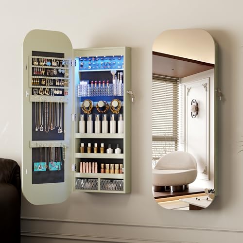 LVSOMT Round Mirror Jewelry Cabinet Standing, Over the Door/Wall Mounted Jewelry Cabinet, Floor Mirror with Storage, Lockable Jewelry Mirror Organizer Full Length, Green