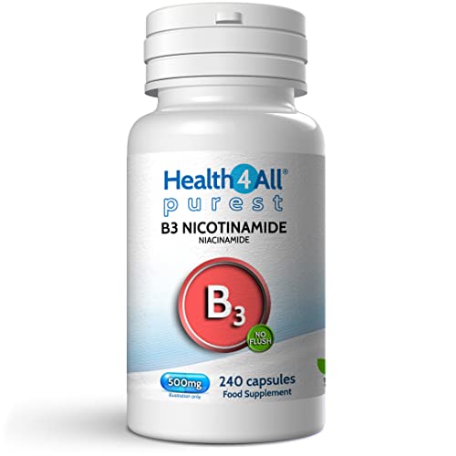 Health4All Vitamin B3 Niacin as Nicotinamide (Niacinamide) 500mg 240 Capsules, Purest, No Additives, Vegan, Gluten Free No-Flush Niacin VitB3 Capsules | Made in UK