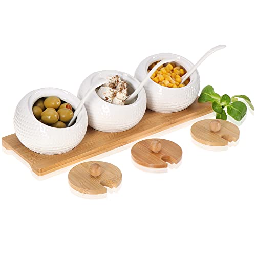Robin Goods® Juego de tazones de Porcelana de 10 Piezas con Cuchara y Tapa de bambú - dispensador de Mermelada en una Tabla de Servir para el Desayuno Buffet (10 Piezas - Marrón Blanco)
