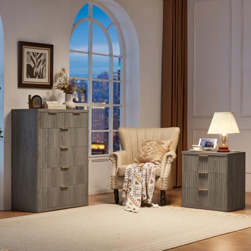 Image of LEYAOYAO 23 inch Wide Fluted Night Stand with Charging Station,3 Drawers Large End Table with Storage,Wood Bedside Tables, Farmhouse Cabinet Dresser for Bedroom,Dark Grey