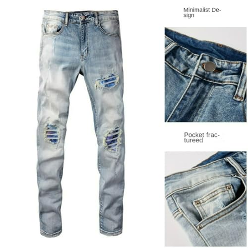 Jeans Pants Trouser Denim Men Trendy Street Stretch Slim Fit Washed Blue Grinding Fading Gradient Patch Casual Small Foot(Light Blue,33)4