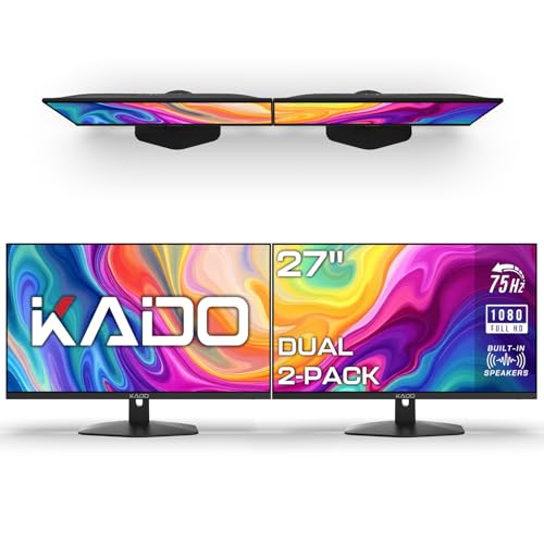 Image of Kado Dual Monitor 2-Pack 27 inch 1920x1080 75Hz FHD Computer Monitor | HDMI Office Gaming Hybrid Desk Setup, VESA Wall Mount Arm Mount Built-in Speakers, Panoramic Display Multi-tasking