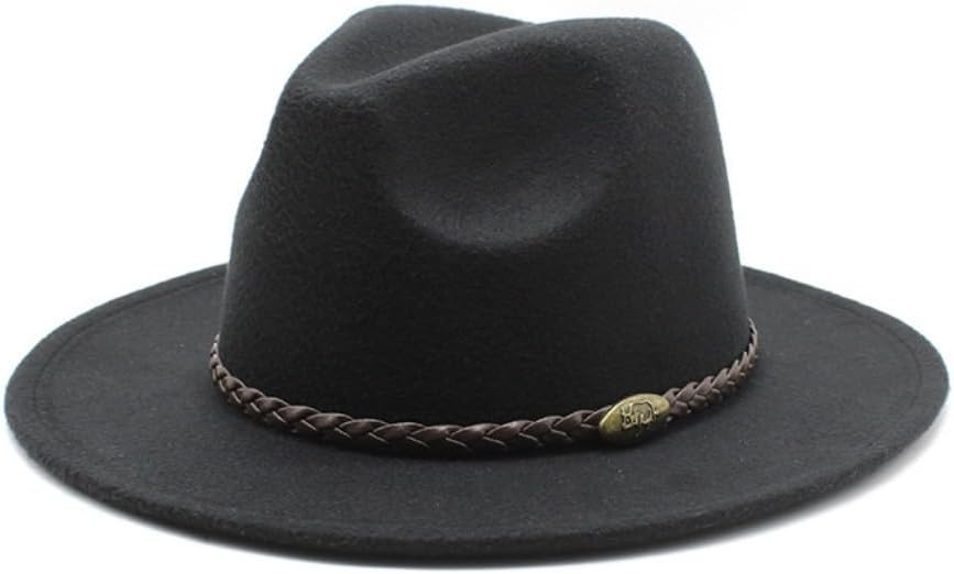 Classic Western Felt Fedora Hat, Black with Braided Band, Wide Brim