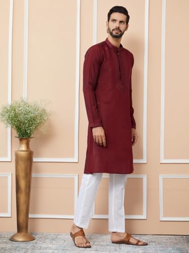 Image of See Designs Men's Long Sleeve Mandarin Collar Side Slit Cream Embroidered Chanderi Silk Straight Kurta with Pyjama