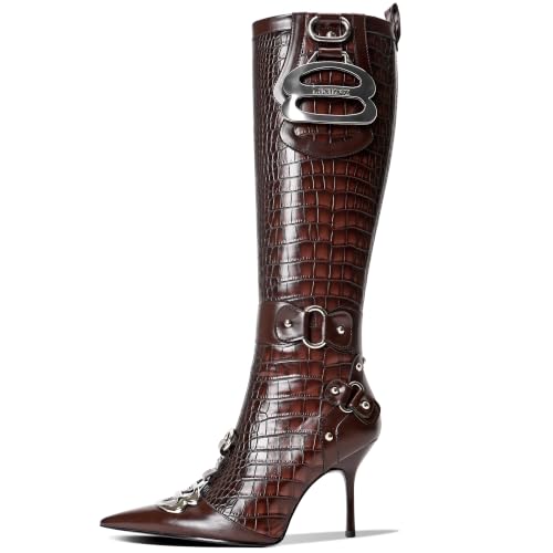 LACIKOSZ Brown Knee High Crocodile Boots Pointed Stiletto Tall