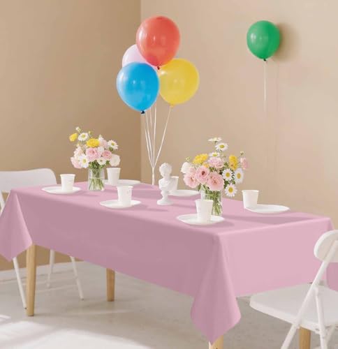 Image of SietDESEO 2 Pack Light Pink Plastic Tablecloth Rectangle 54 x 108 Premium Disposable Table Cloth Plastic Pink Table Cover for Wedding Baby Shower Party Supplies
