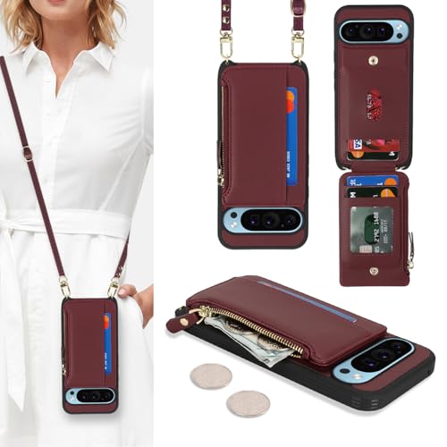 Étui portefeuille Pixel 9 Pro XL en cuir rouge vin raffiné au design élégant et chic