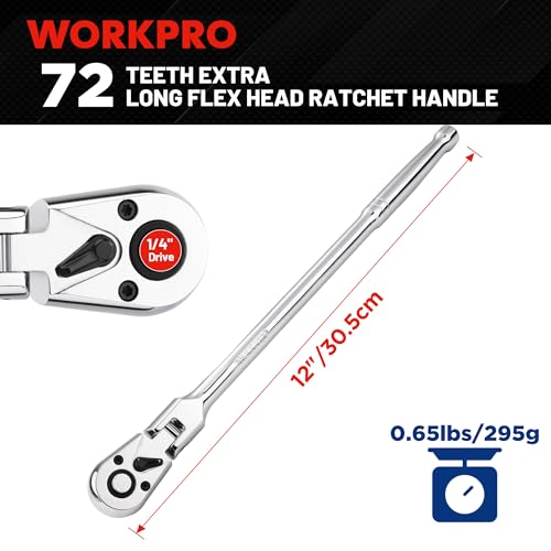 Image of WORKPRO 1 /4 inch Drive Extra Long Flex Head Ratchet, 12 Inch Long CR-V Steel Ratchet Handle with Chromium Plating, CR-MO Head, Quick Release Reversible Design, 72-Tooth