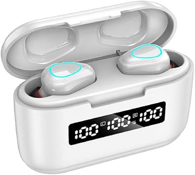 Bluetooth V5.1 True Wireless Earbuds & In-Ear Headphones with Mic - IP54 Waterproof 9D Noise Cancelling Headset Three-Screen Digital Display with 3500Mah Charging Case,White