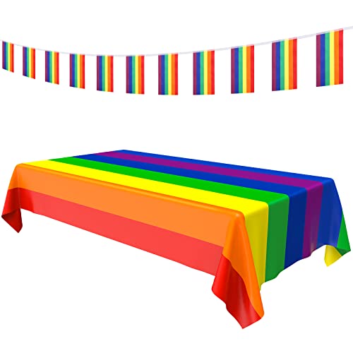 Tegeme Plastic Pride Rainbow Tablecloth and 38 Pcs Rainbow Flag Banner Colorful Printed Table Cover and Lgbt String Flags for Birthday Gay Pride Festival Party Decorations
