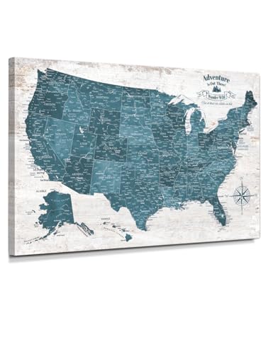 Image of IPIC - Large Vintage Teal USA Map Wall Art, Push Pin USA Map to Track Your Travels, Farmhouse Style Canvas Wall Decor for Home, Office, Living Room or RV, Ready to Hang, Made in USA