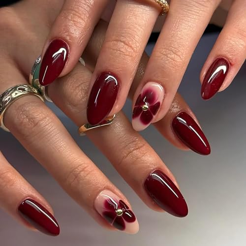 24Pcs Dark Red Almond Press on Nails Short Medium Fake Nails with Floral Steel Ball Design Reusable Almond False Nail Red Flower Nails Press ons Artificial Spring Summer Flower Nails for Women