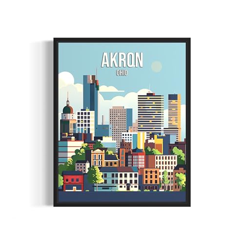 Akron Ohio City Unframed Poster Art Print, Skyline Cityscape Wall Art Illustration Posters, Landscape Travel Map Decor Gallery 24A (Akron Ohio, 14"L x 11"W, Unframed)