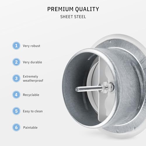 Image of Round Vent Cover TVSA 6 Inch Small Round Air Vent with adjustable Register, Diffuser Metal, Wall Cover for Bathroom, Kitchen, Garage - Outdoor & Indoor use, White RAL 9016