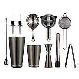 11-teiliges Barkeeper Kit Boston Cocktail Shaker Bar Set 2 Weighted Shaker Tins Strainer Set Double Jigger Bar Löffel Ice Muddler Zunge 2 Liquor Pourers Gold (Schwarz)