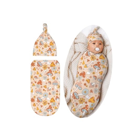 Image of Cute Mushroom Swaddle Blanket Hat Set for Boys Girls, Soft Floral Newborn Sleeping Sack Receiving Blanket Shower Gift