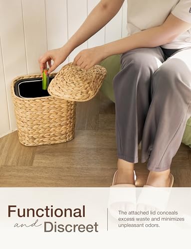 Image of Tidita 1.5 Gallon Wicker Wastebasket with Lid, Woven from Water Hyacinth | Hyacinth Construction, Woven Design, Removable Plastic Liner Included, Removable Lid, Iron Frame, Odor Proof, Versatile Use