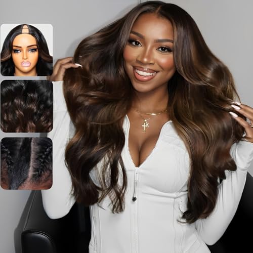 Image of KLAIYI Ombre Brown V Part Wig Body Wave Human Hair Upgrade U Part Wig with Dark Roots Glueless Chestnut Brown Clip in Half Wig No Glue No Leave Out Beginner Wigs for Women 30S Wear and Go Wig 26Inch