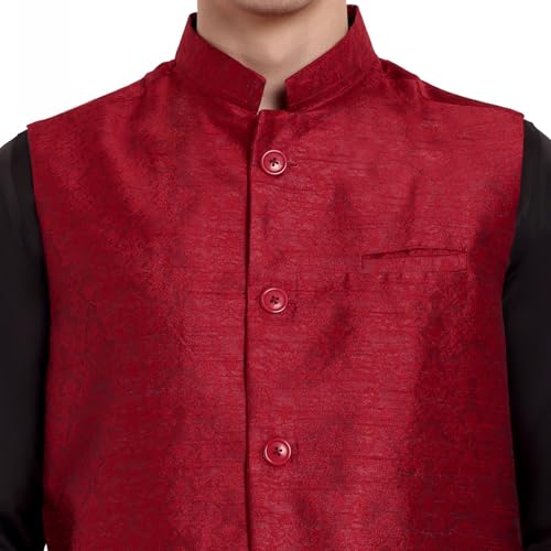Image of SKAVIJ Mens Embellished Ethnic Wear Nehru Jacket Floral Printed Formal Waistcoat Regular Fit (Medium,Red)