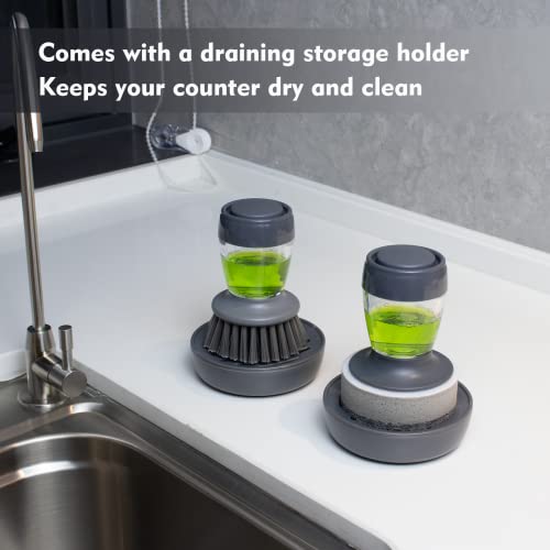 Dapower Dish Brush With Soap Dispenser, Kitchen Scrub Brush For Dishes Pots Pans Sink Cleaning, Dish Scrubber With Holder Set (Grey 2-Pack Combo Set) #TOP5