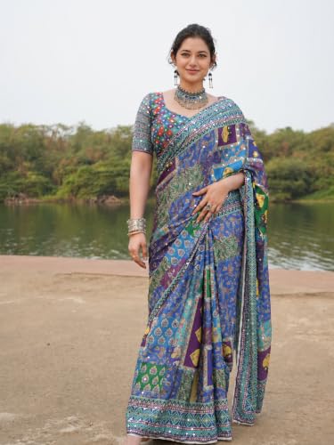 Image of Sidhidata Women's Chinon Ajrakh Printed Mirror Patch Work Saree With Unstitched Blouse Piece (Rangrezz Blue Blue Free Size)