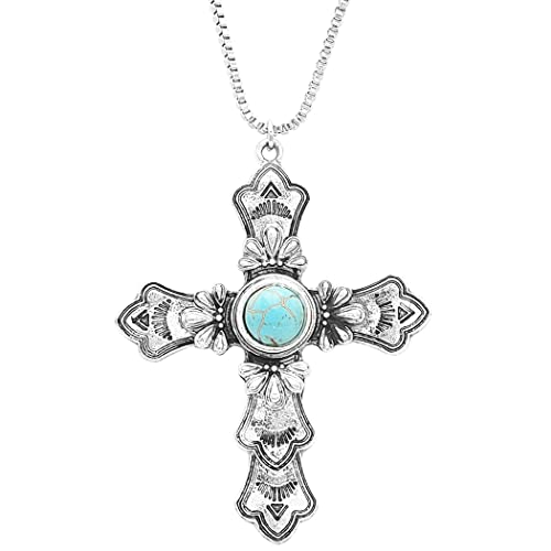 Rosemarie & Jubalee Women's Statement Western Turquoise Christian Cross Necklace, 28"-31" With 3" Extension #TOP1