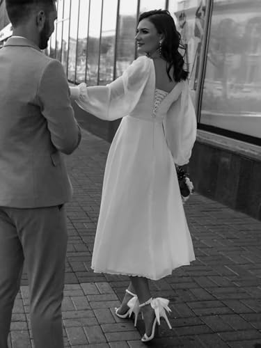 Long Sleeves Tea Length Wedding Dress for Bride Chiffon V Neck Midi Long Bridal Dress for Women2