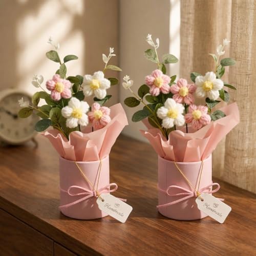 Image of AccuPrints Sumiko 2 pcs Artificial Crochet Flower Bouquet |Artificial Flowers Bunch | Crochet Flowers | Flowers Bouquet Gift for Girls Women | Home Decor | Gifting Item (Pink & White Daisy Bouquet)